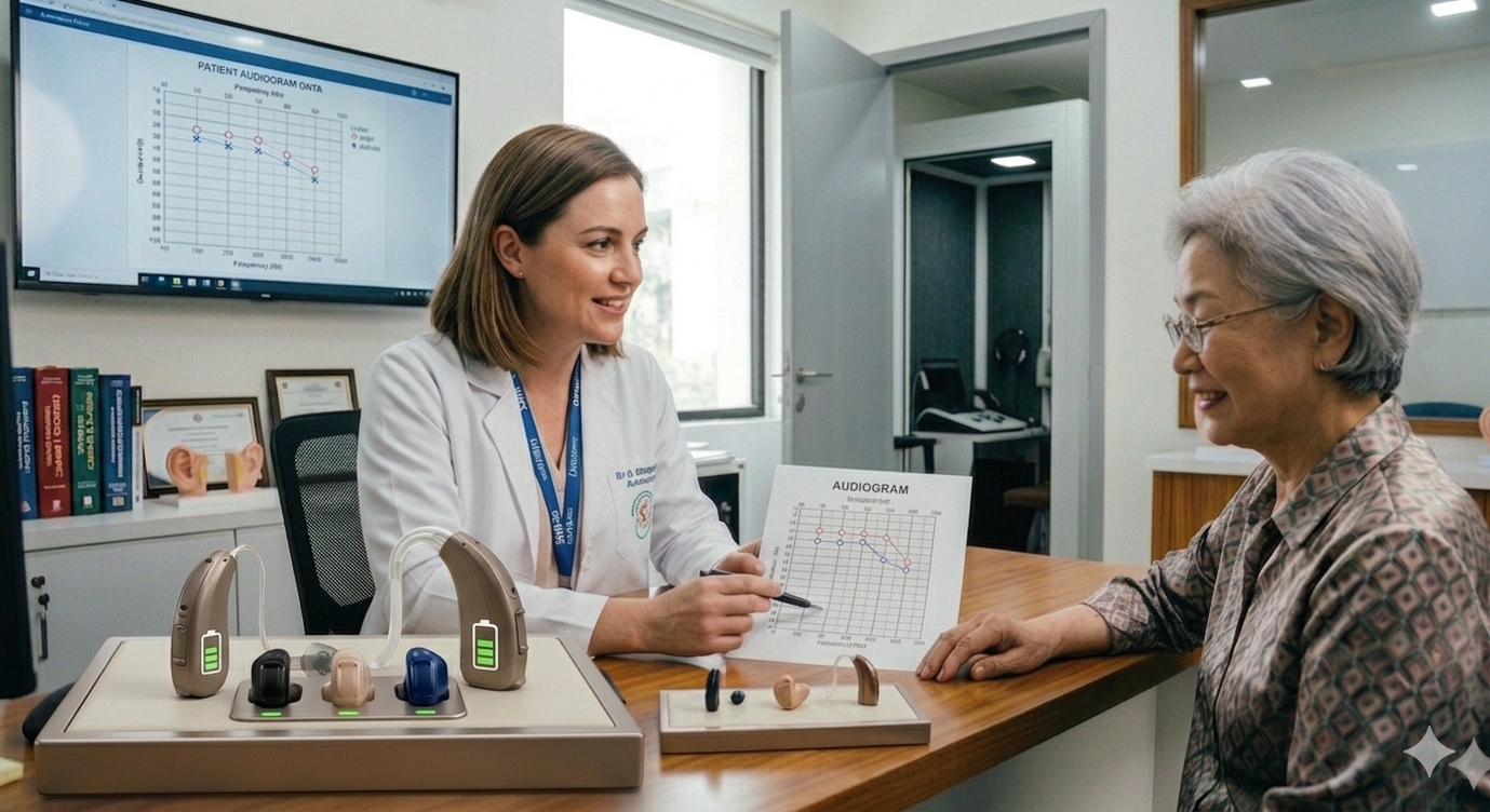 Audiologist counselling patient about hearing aid options