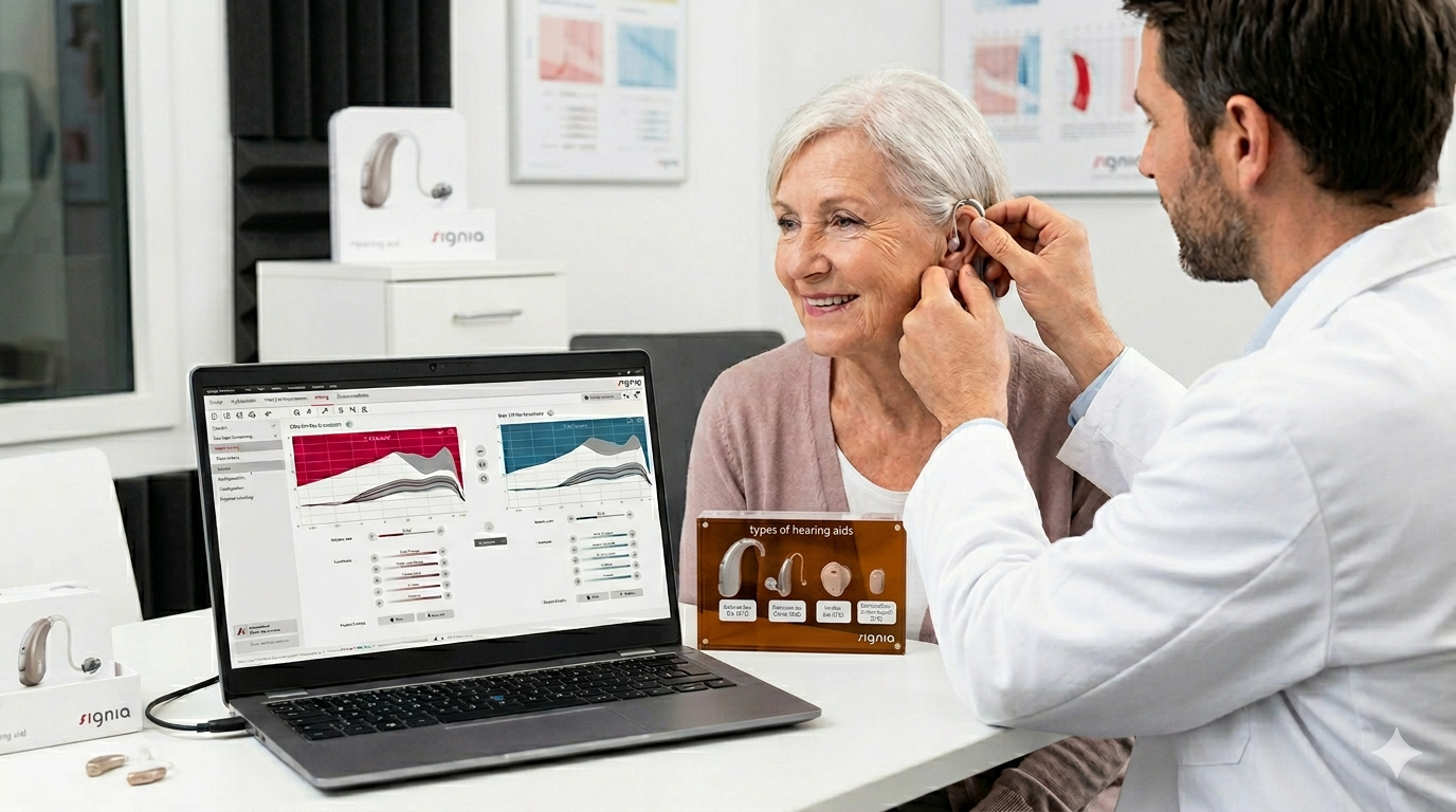 Audiologist fitting hearing aid for a patient