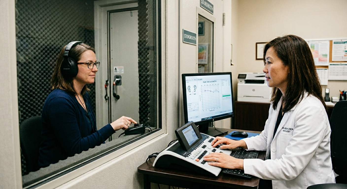 Patient wearing headphones during a pure tone audiometry hearing test