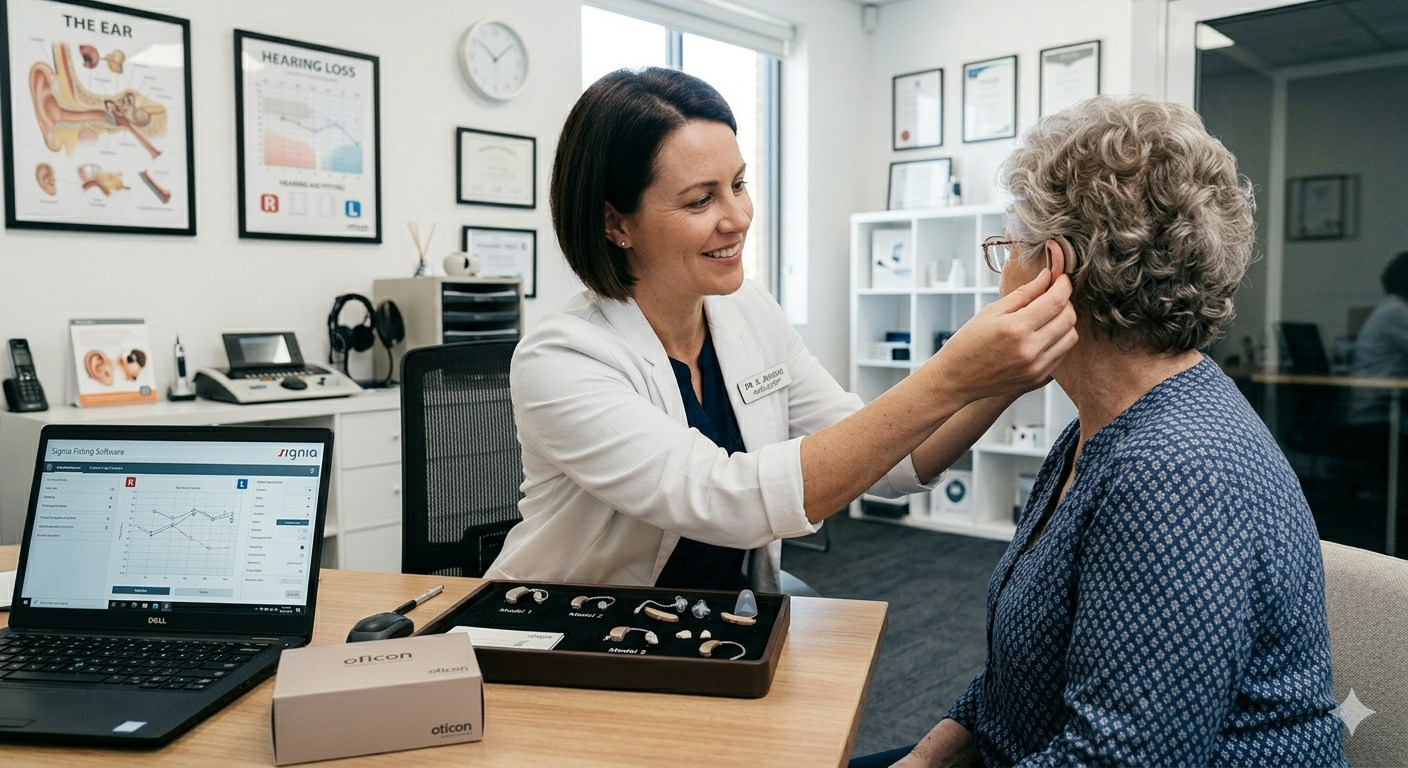 Audiologist fitting hearing aid for a patient